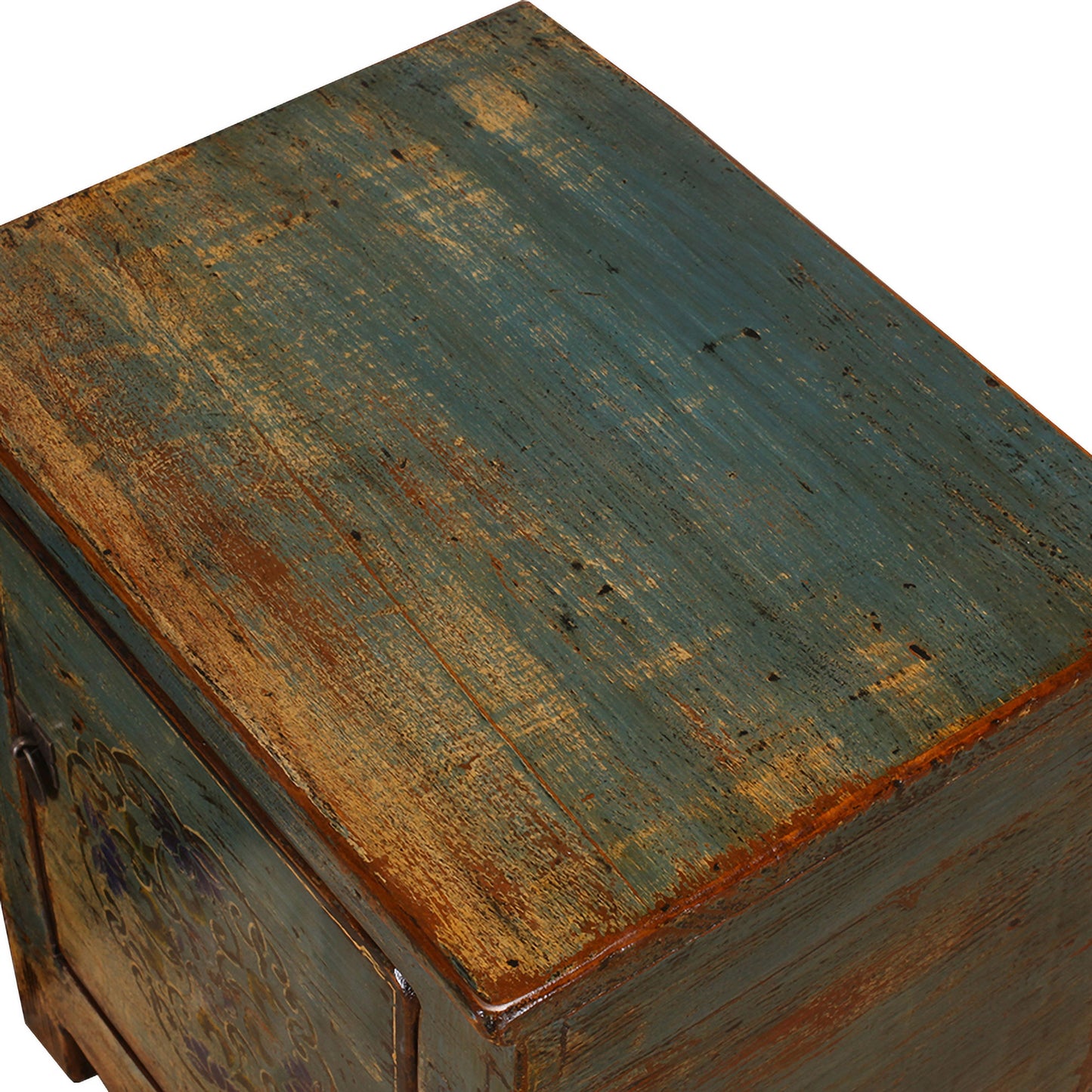 Rustic wooden box with a weathered blue and brown finish on a white background