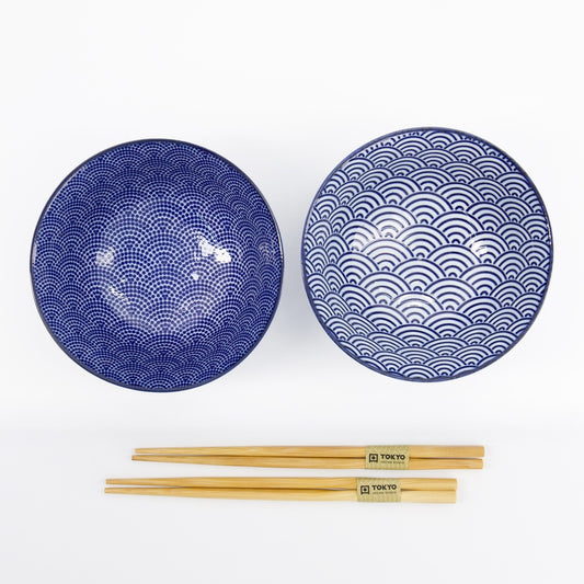 Nippon Blue Two Bowl Gift Set with Chopstick - Dots & Waves
