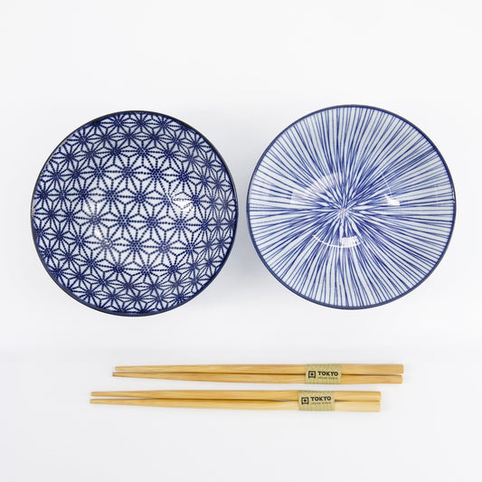 Nippon Blue Two Bowl Gift Set with Chopstick - Stars & Stripes
