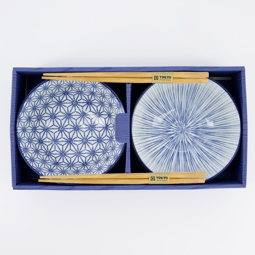 Nippon Blue Two Bowl Gift Set with Chopstick - Stars & Stripes