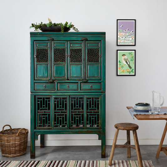 Japanese Eurasian Bullfinch with Chinese Qiunce Print in A4 size next to turquoise vintage cabinet