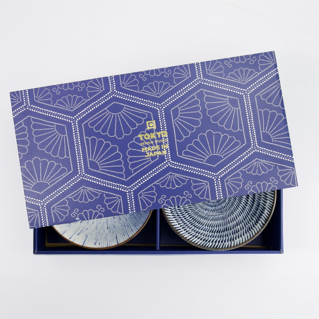 Ramen Bowls Gift Set - Blue & White Stripe Patterns
