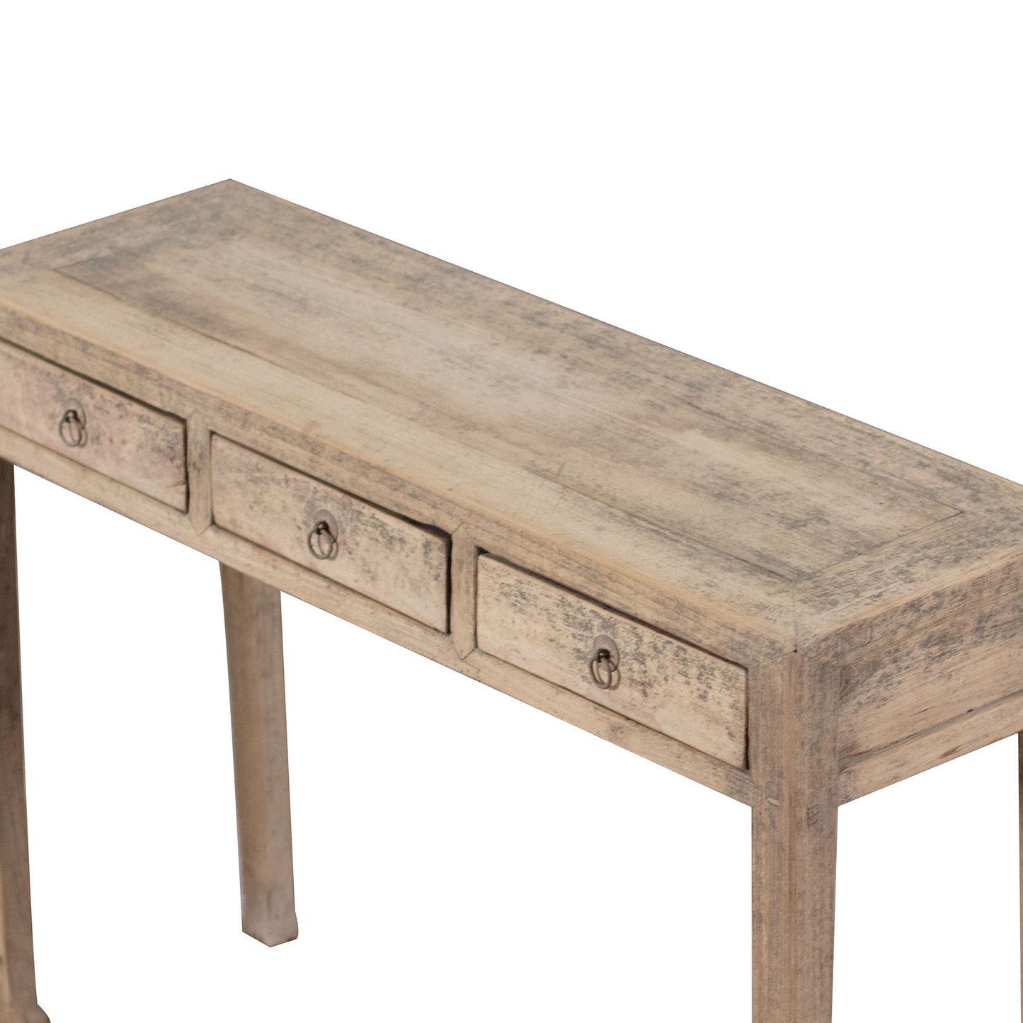 Wooden console table with three drawers on a white background