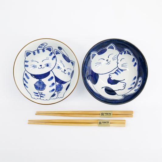 Happy Cat Two Bowl Gift Set with Chopsticks