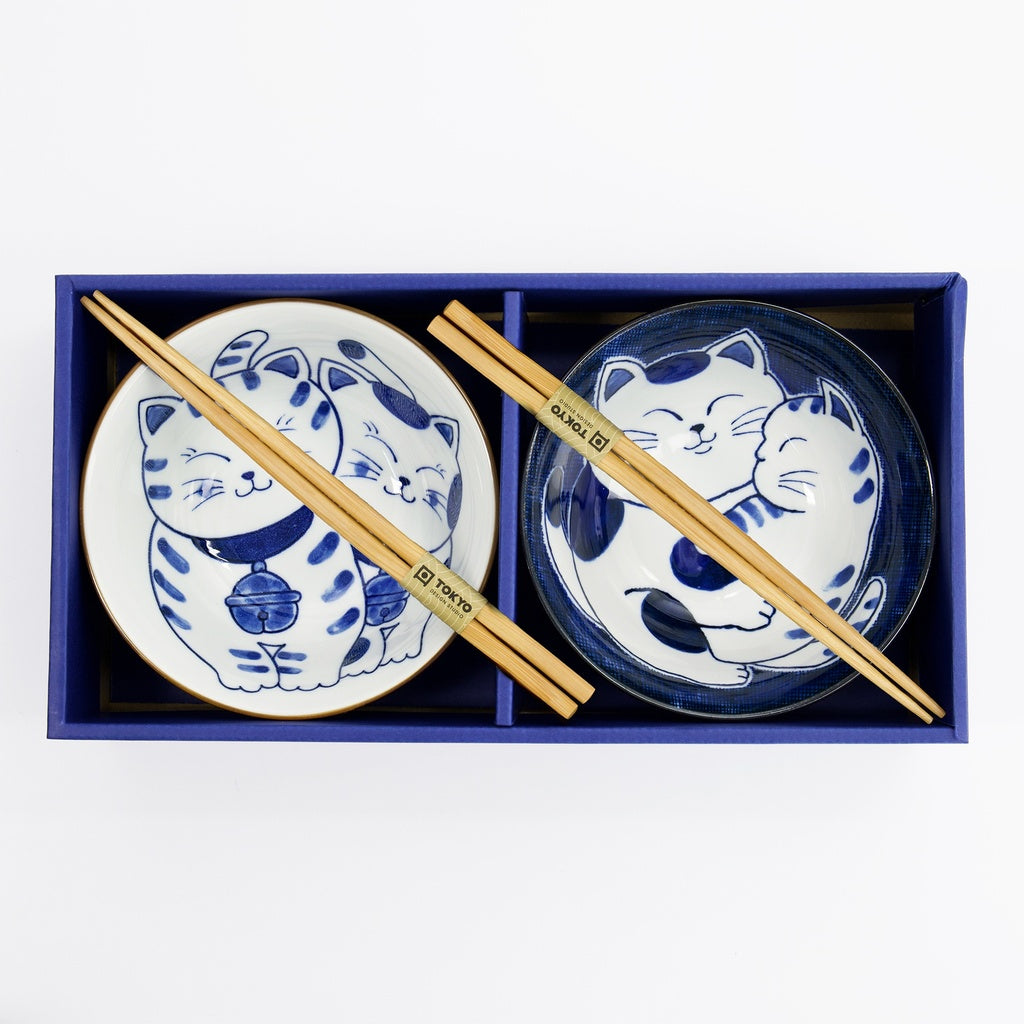 Happy Cat Two Bowl Gift Set with Chopsticks