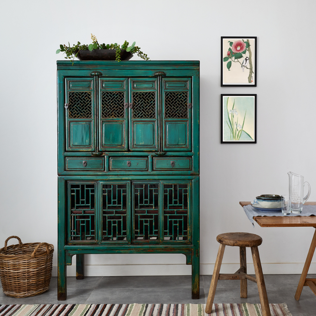 Japanese Bunting and Camellia (C.1910) Print in Size A4 next to vintage chinese cabinet
