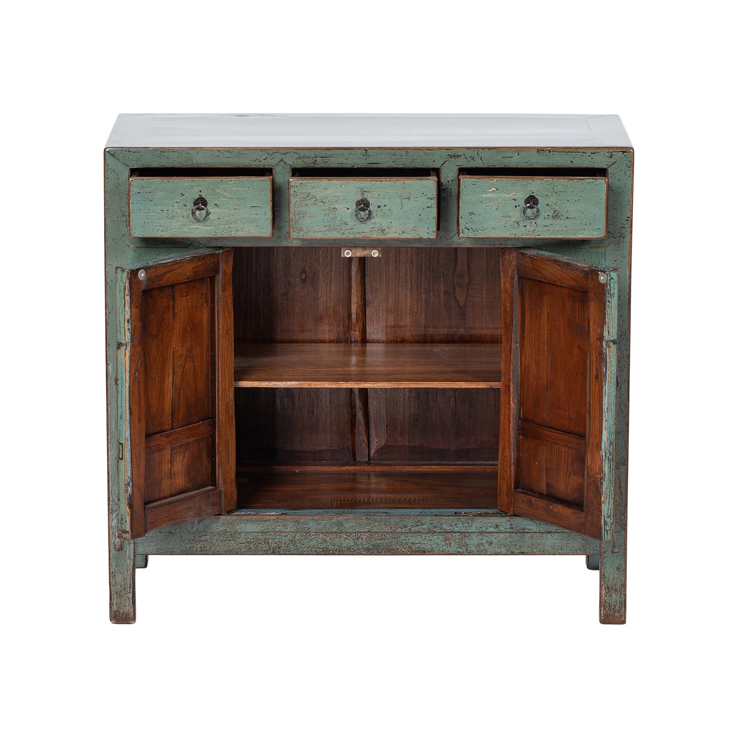 Wooden sideboard with open doors on a white background