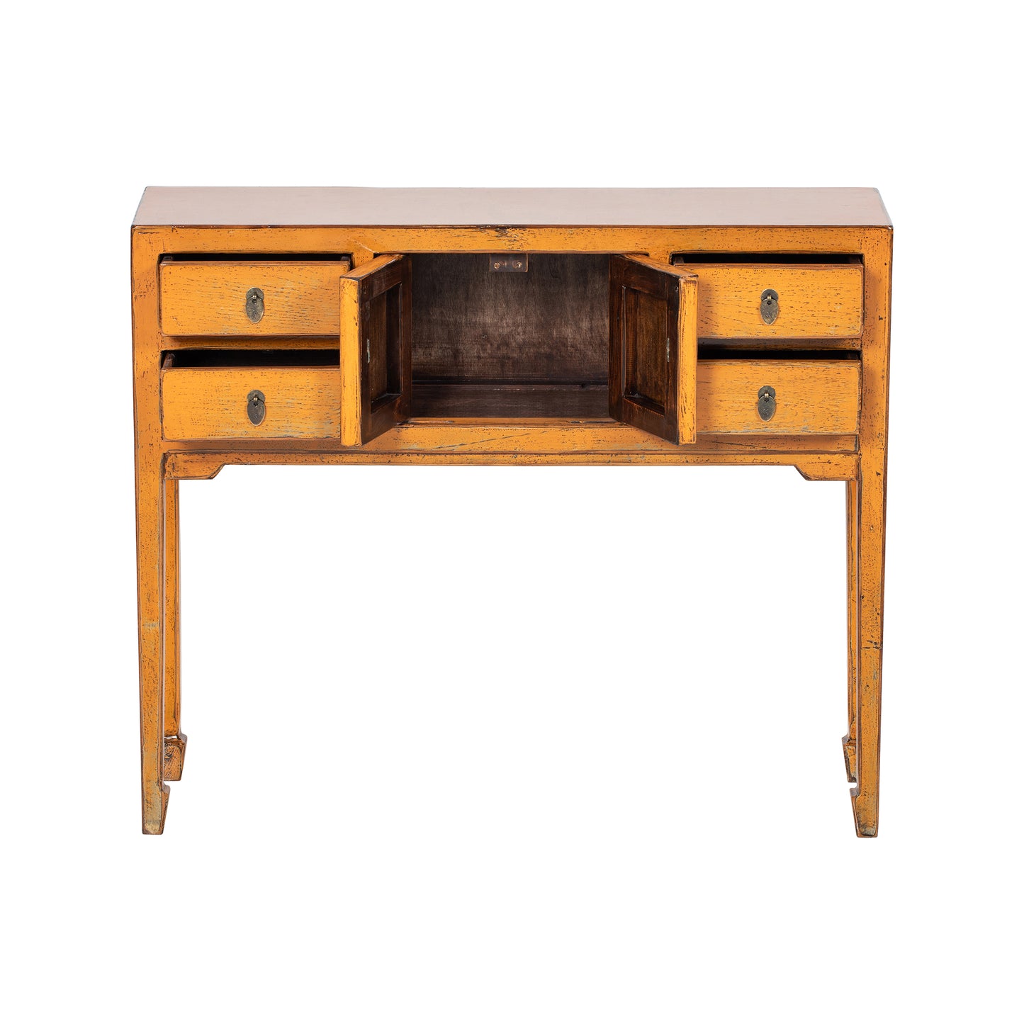 painted yellow desk with open doors on a white background