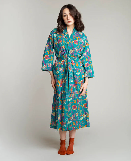 Les Touristes Long Cotton Dressing Gown - Birdy teal