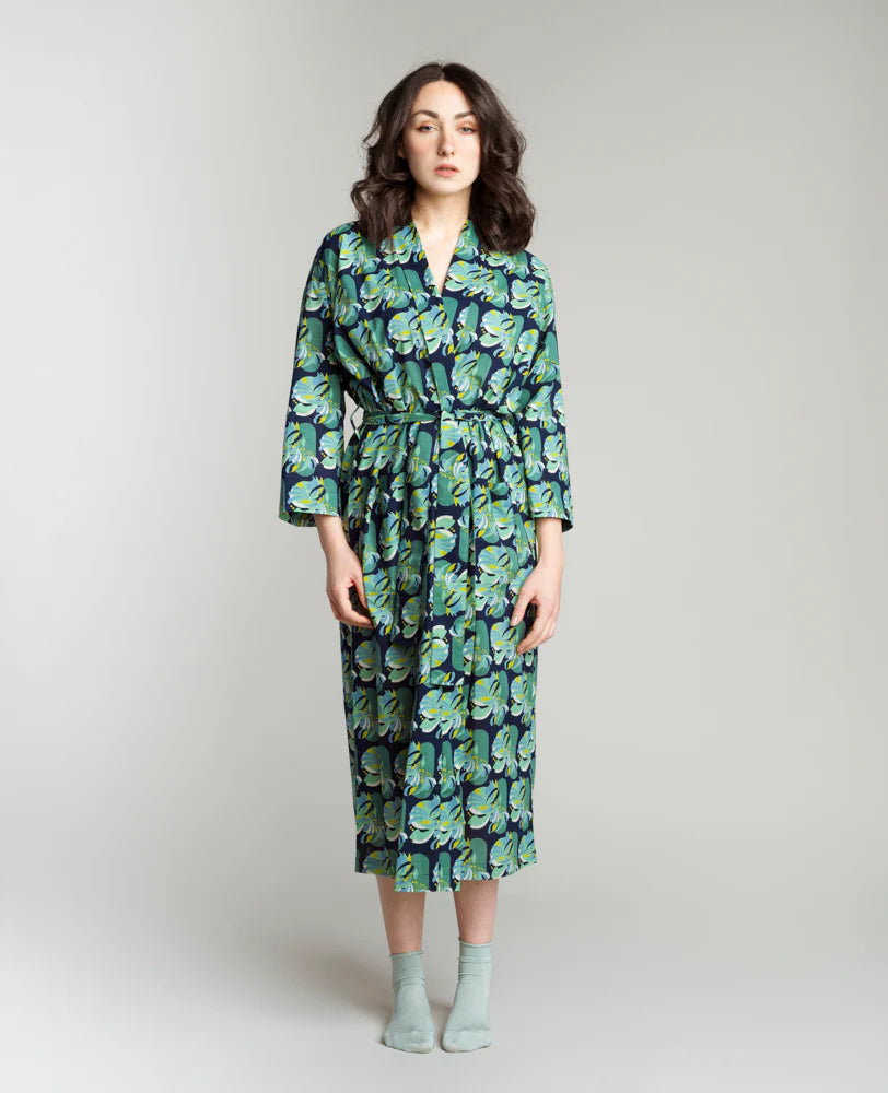 Les Touristes Long Cotton Dressing Gown - Split navy