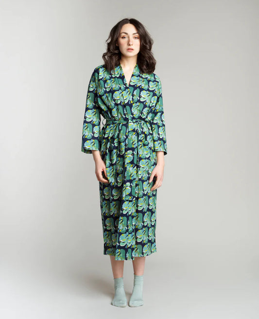 Les Touristes Long Cotton Dressing Gown - Split navy