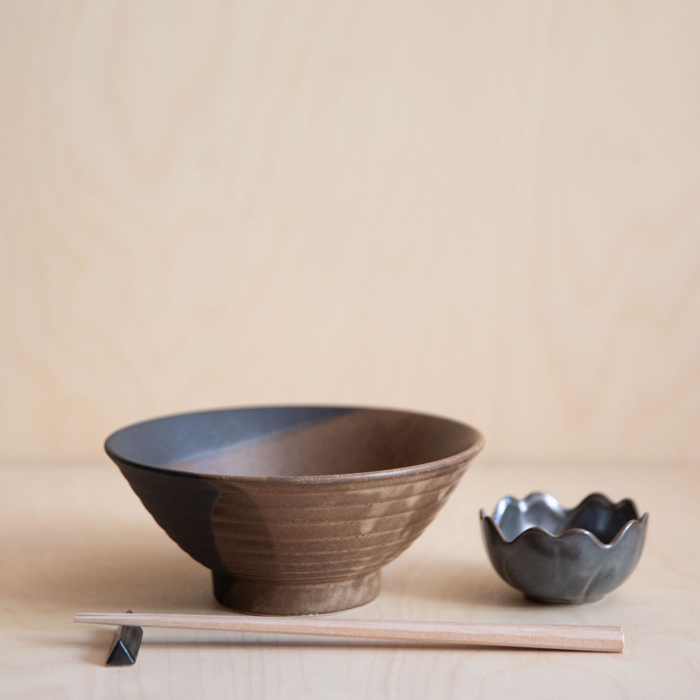 Brown Two Tone Ceramic Bowl with Sakura Sauce Dish