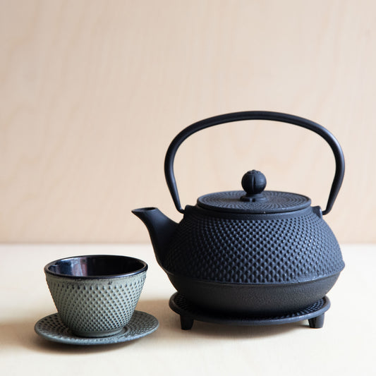 Green Grey Cast Iron teacup and saucer