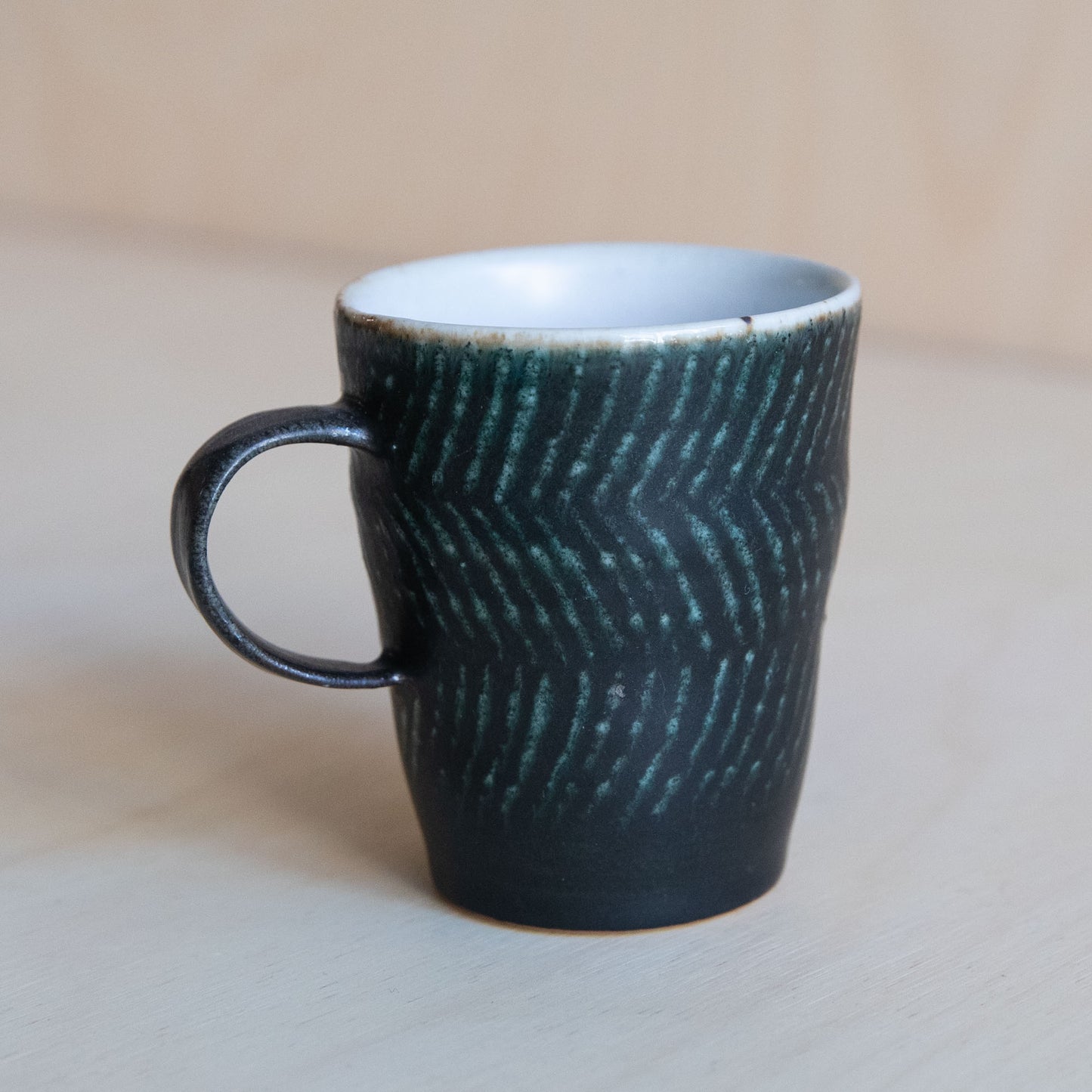 Black Green linear patterned Ceramic Mug 07 by Wang Xinghua