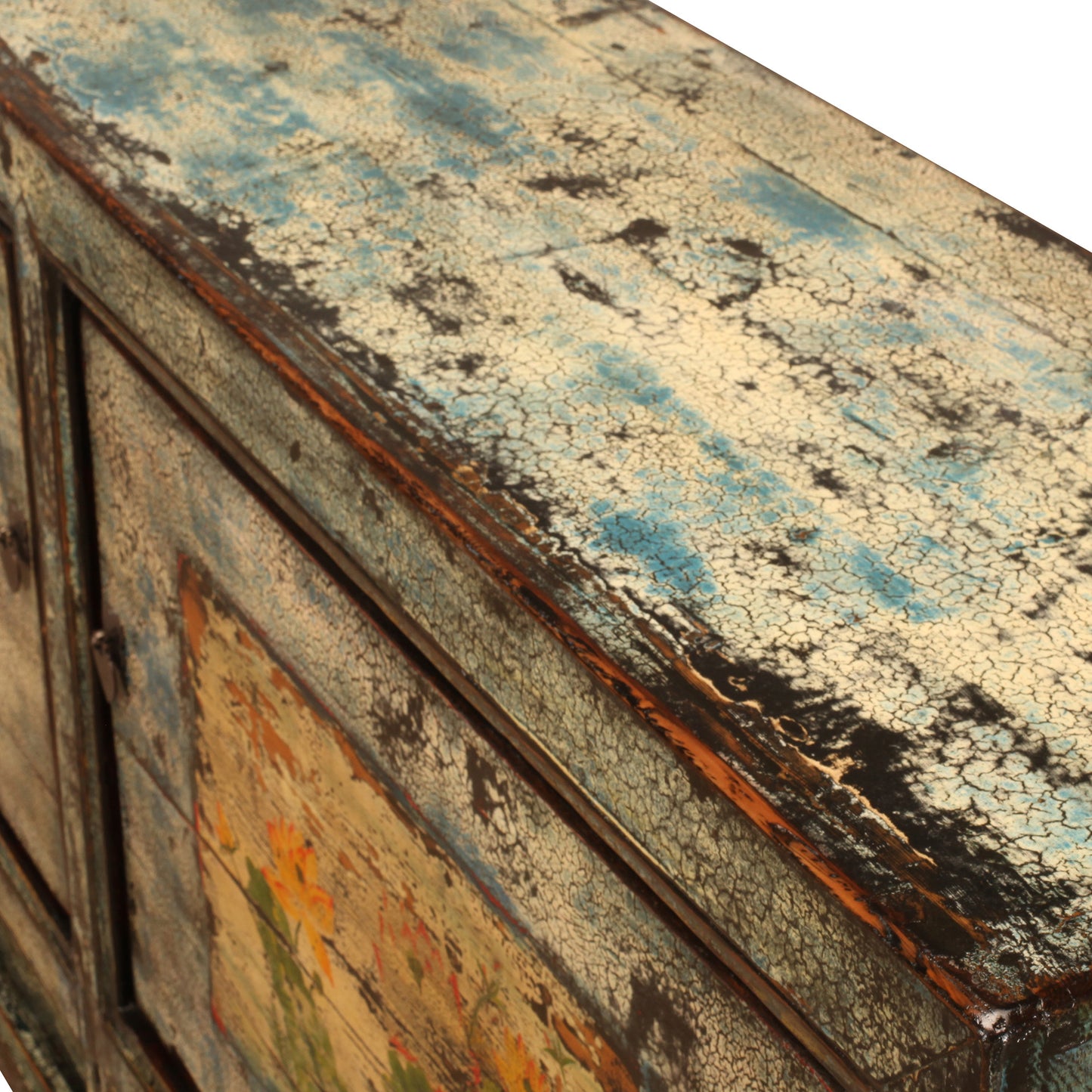 Vintage Chinese Crackle Blue Sideboard with floral painting 09