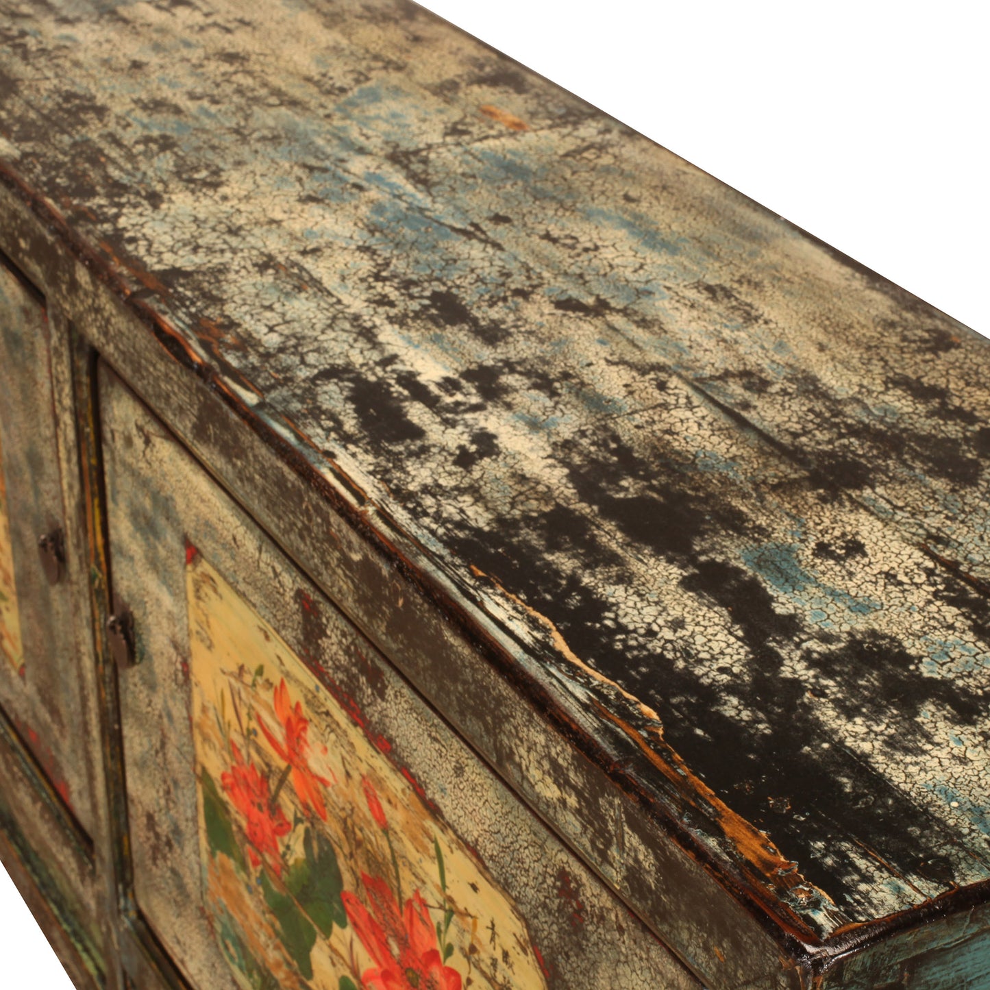 Vintage Chinese Crackle Blue Sideboard with floral painting 10