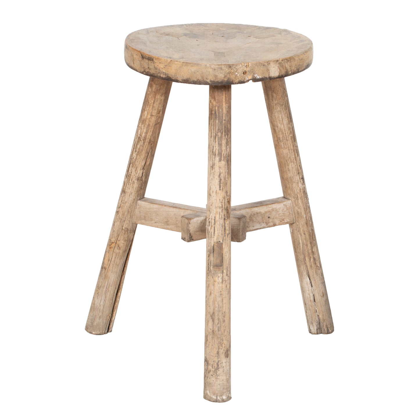 Vintage Chinese Elm Stool three legs , round seat, natural vintage wood appearance
