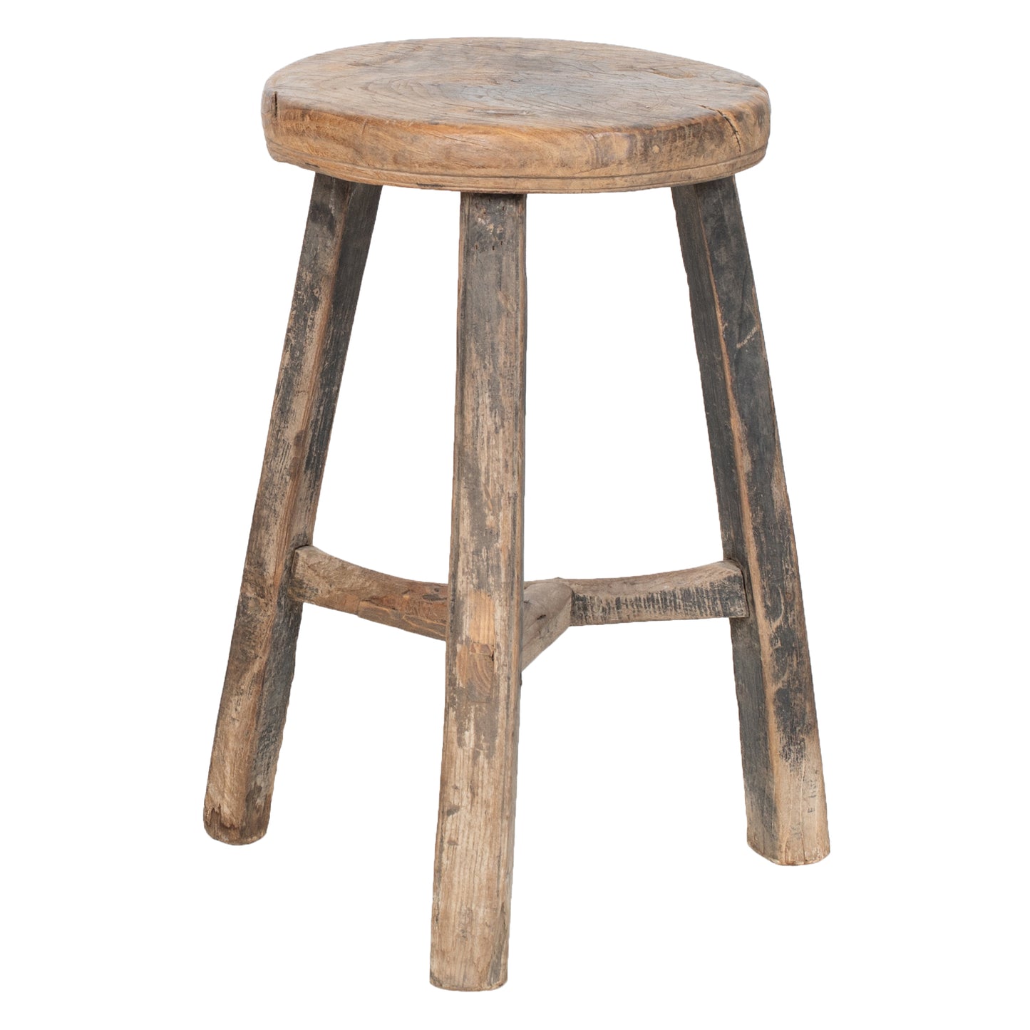 Vintage Chinese Elm Stool with round seat, three legs and weathered green paint to the legs. Otherwise a natural wood appearance and vintage