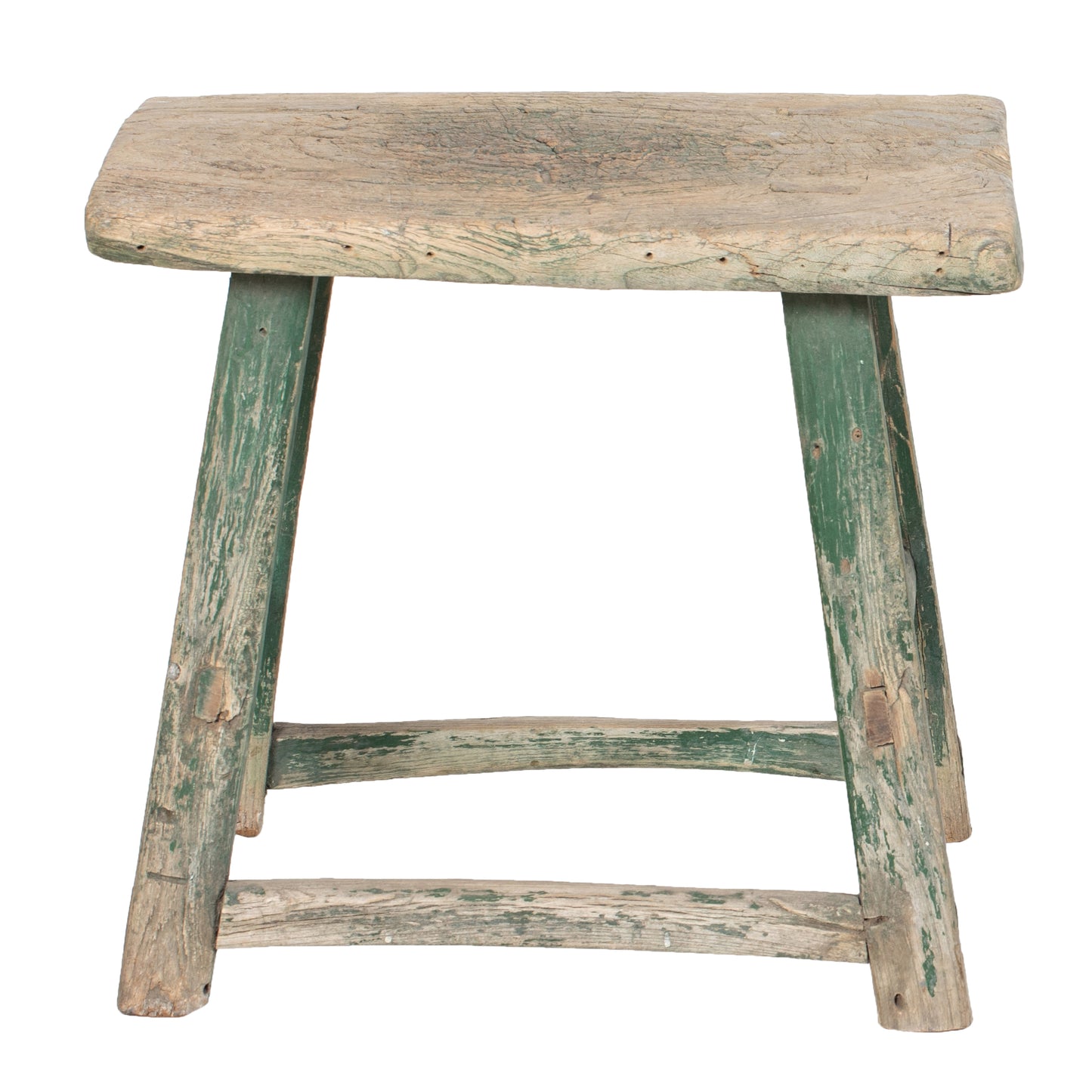 Vintage wooden stool with greenish paint , four legs and rectangular seat. Foot rest.