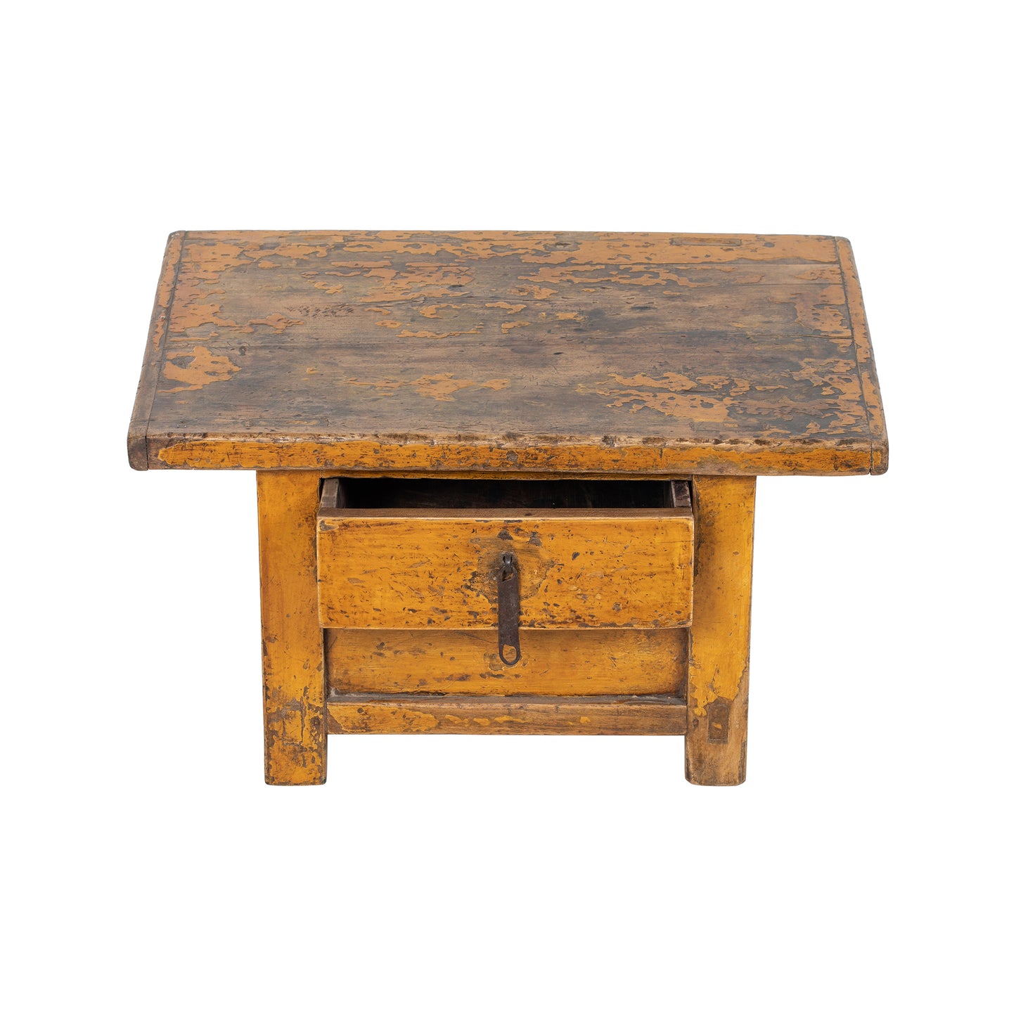 Vintage Chinese Tibetan style wooden kang table with a single drawer in vibrant yellow
