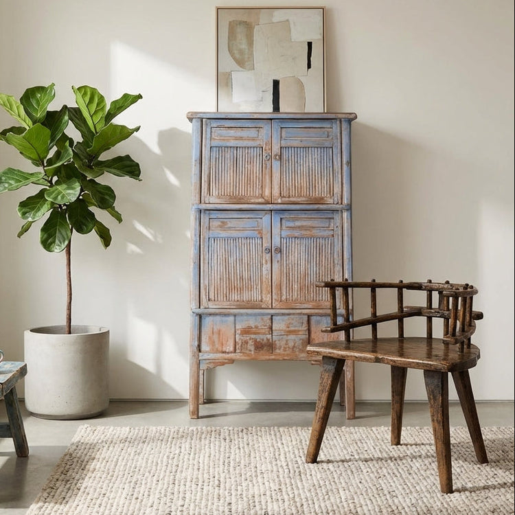 blue bamboo cabinet and wooden chair