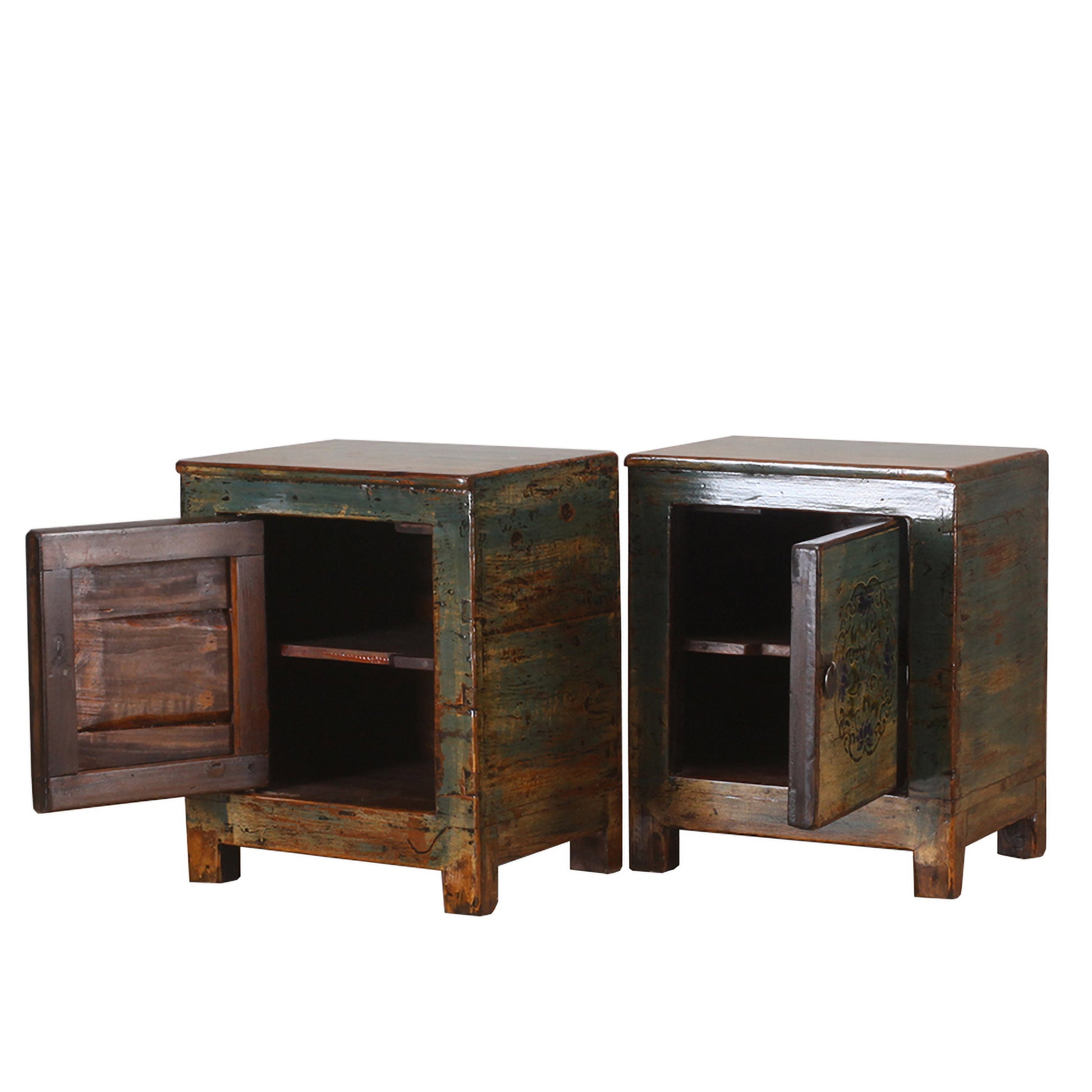 Two rustic wooden side tables with open doors on a white background