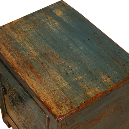 Rustic wooden box with a weathered blue and brown finish on a white background
