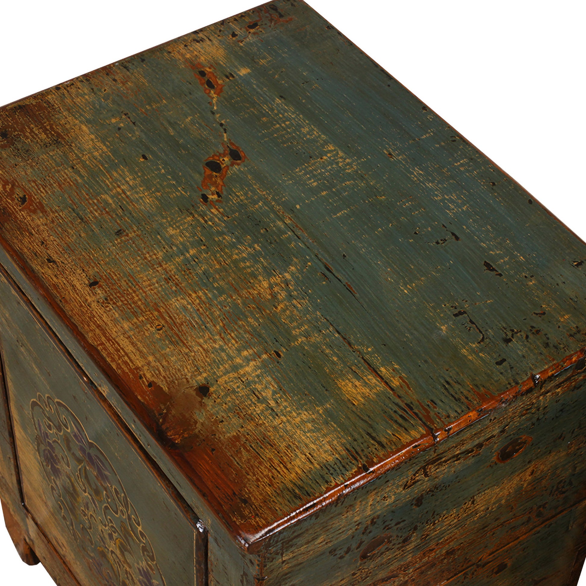 Vintage wooden box with chipped paint on a white background