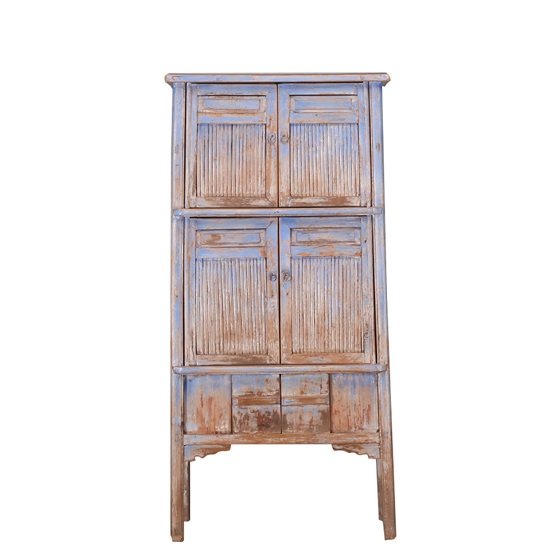 Light blue wooden tall cabinet with bamboo panels