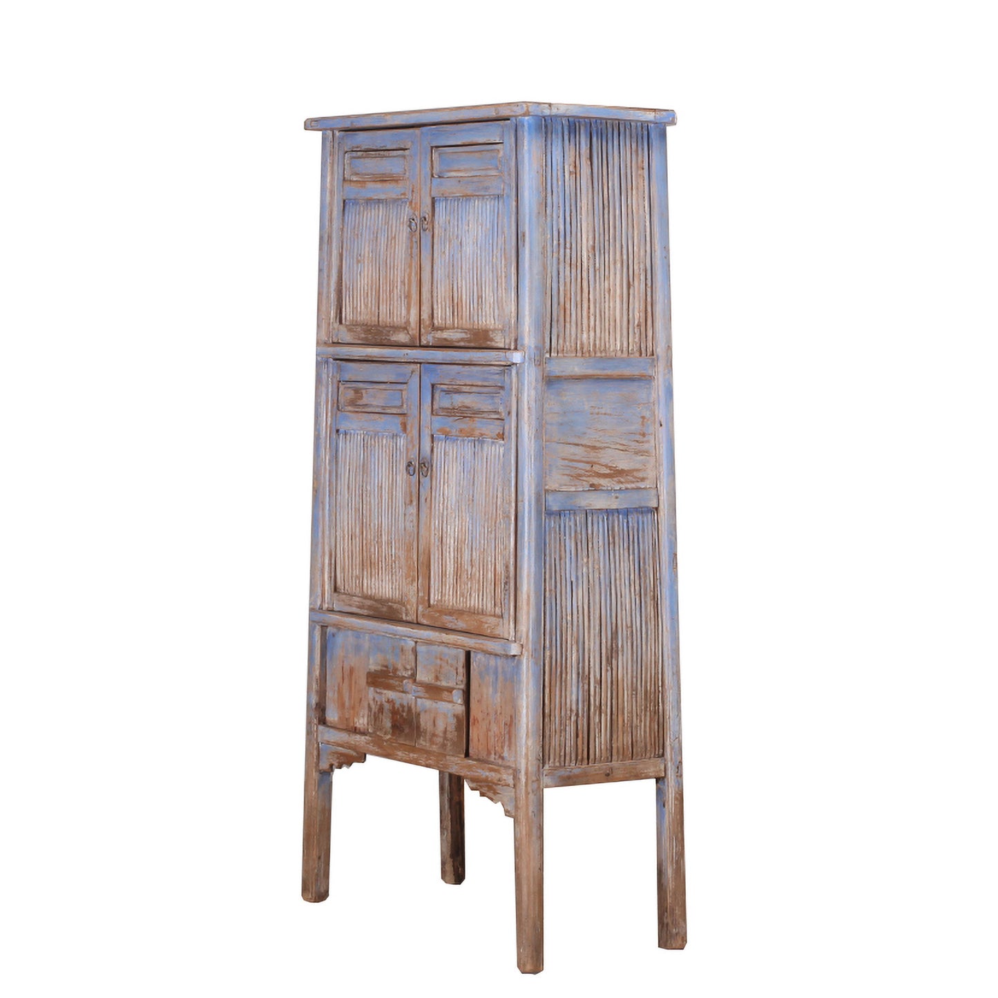 Light blue wooden tall cabinet with bamboo panels