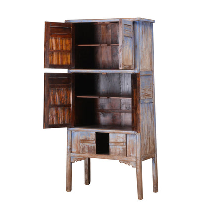 Light blue wooden tall cabinet with bamboo panels, all doors open