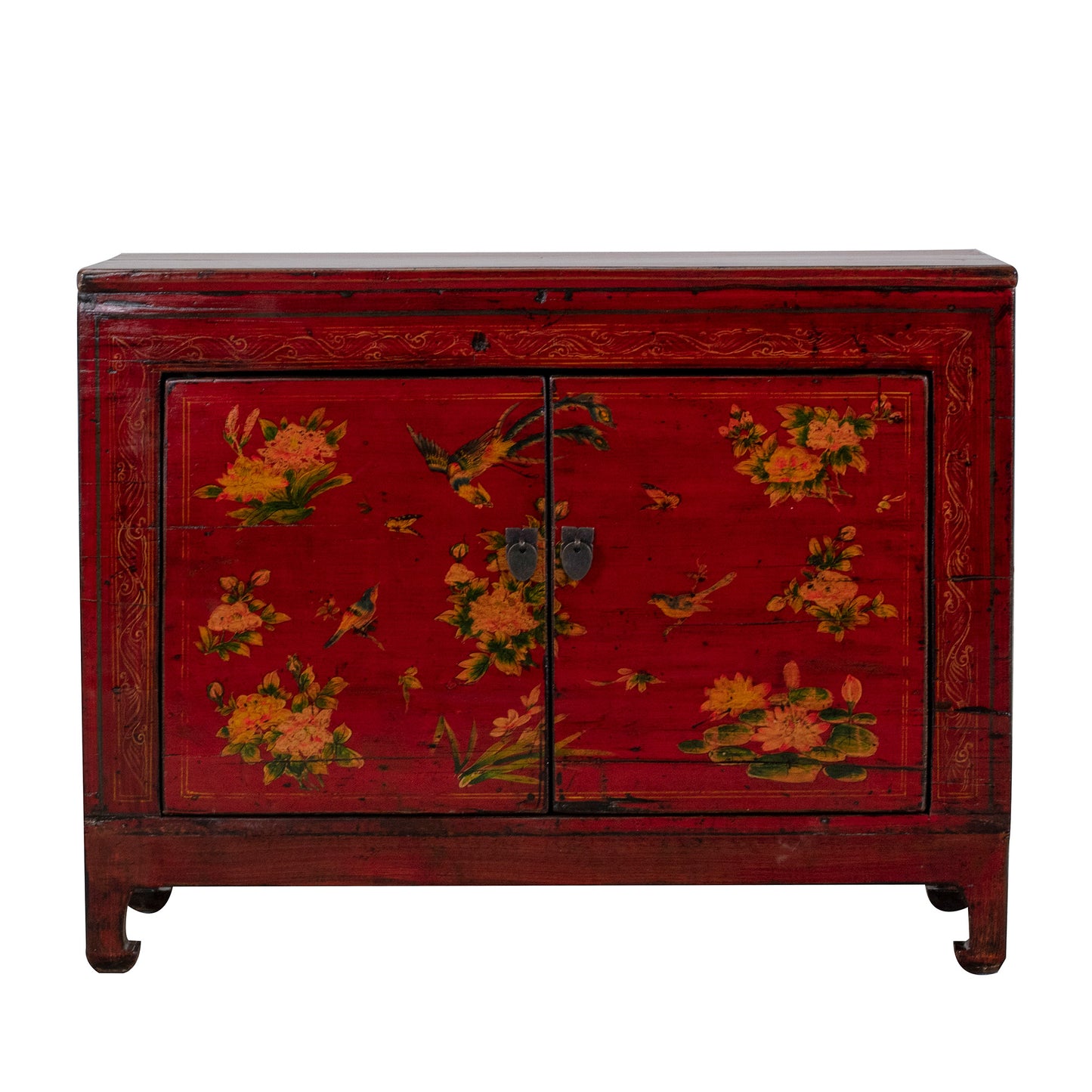 Vintage Chinese Small Red Cabinet with Flowers and Birds