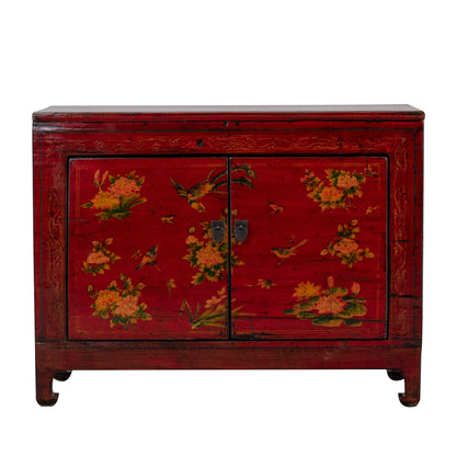 Vintage Chinese Small Red Cabinet with Flowers and Birds