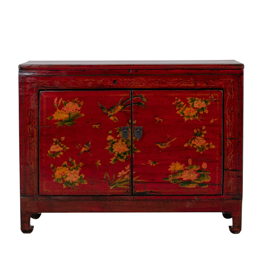 Vintage Chinese Small Red Cabinet with Flowers and Birds