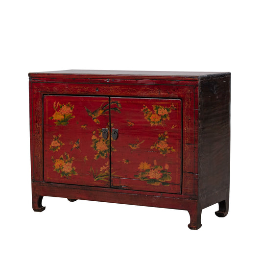 Vintage Chinese Small Red Cabinet with Flowers and Birds