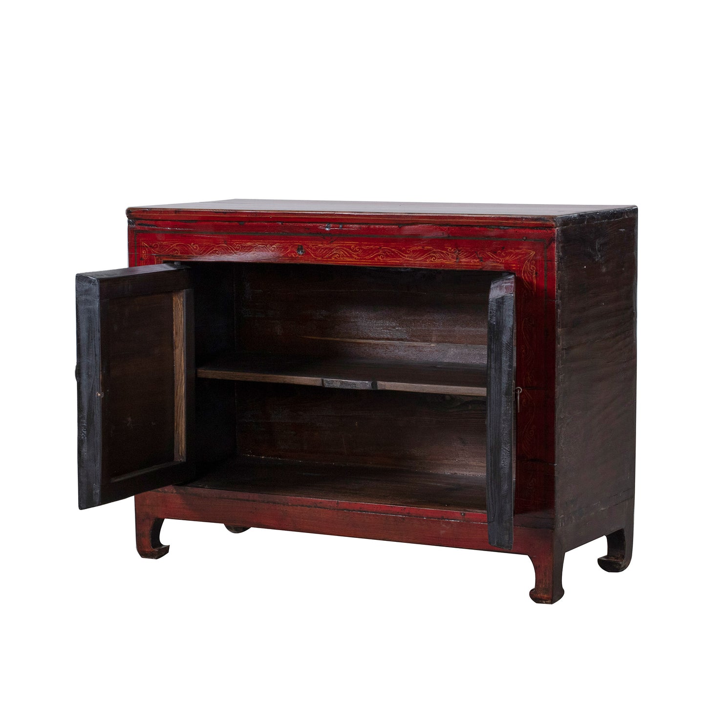 Vintage Chinese Small Red Cabinet with Flowers and Birds