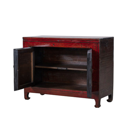 Vintage Chinese Small Red Cabinet with Flowers and Birds