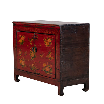 Vintage Chinese Small Red Cabinet with Flowers and Birds