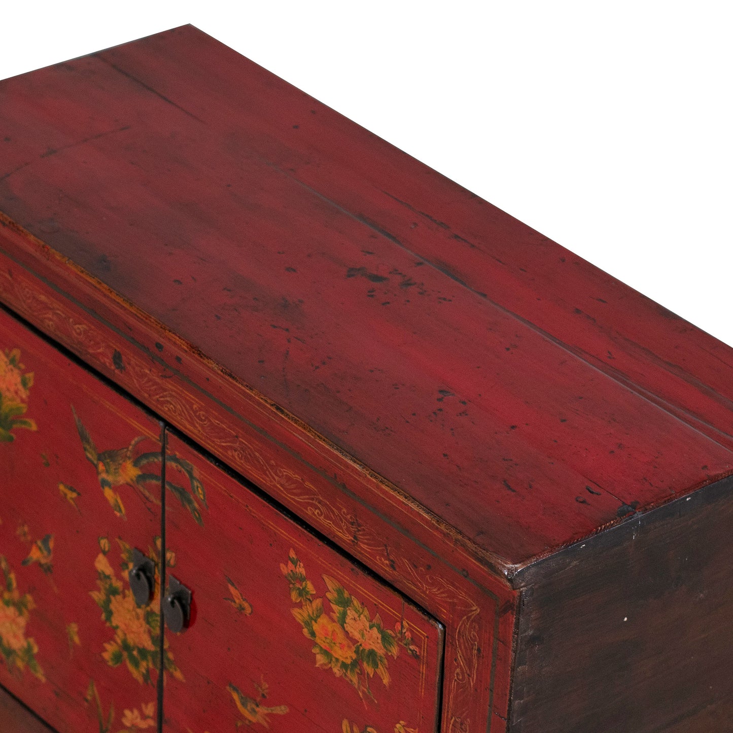 Vintage Chinese Small Red Cabinet with Flowers and Birds