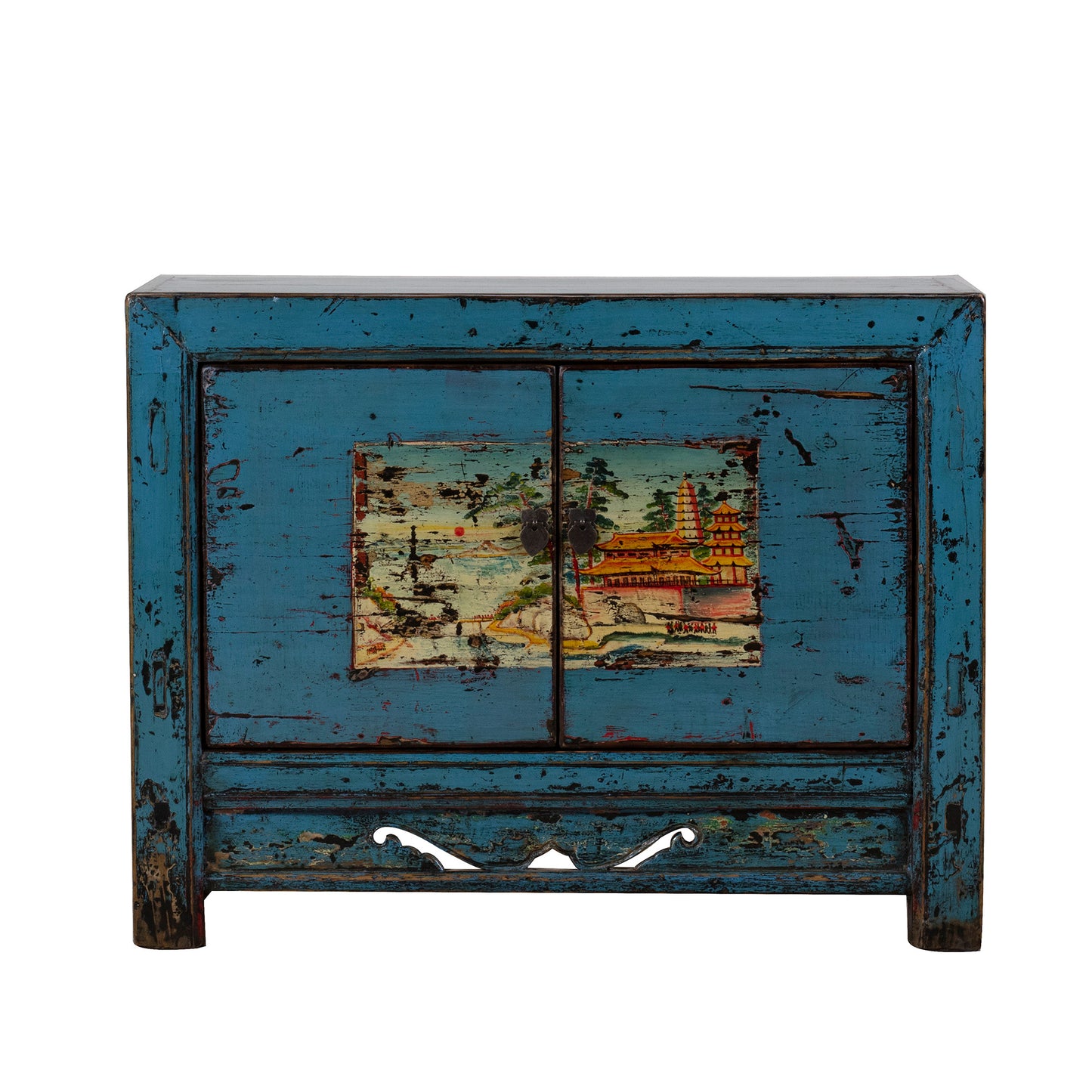 Vintage Blue Gansu Cabinet Flowers and Carved Panel