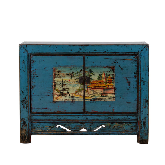 Vintage Blue Gansu Cabinet Flowers and Carved Panel