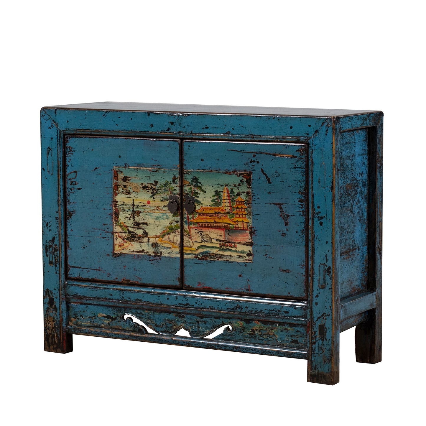 Vintage Blue Gansu Cabinet Flowers and Carved Panel