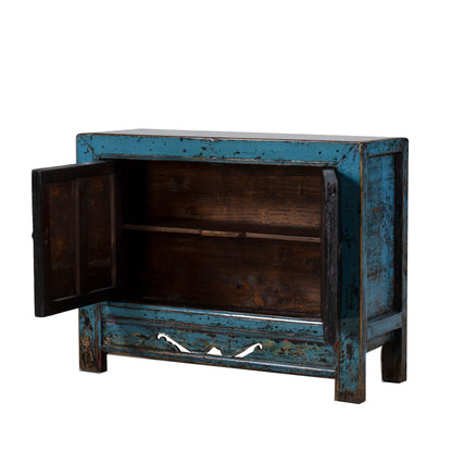 Vintage Blue Gansu Cabinet Flowers and Carved Panel