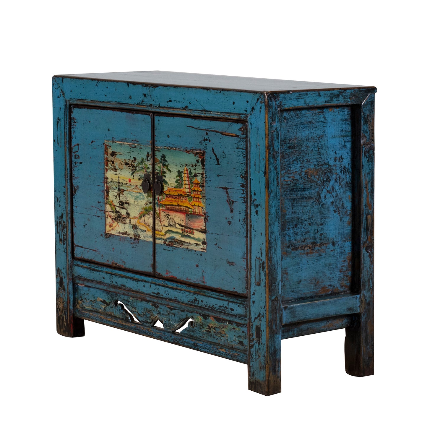 Vintage Blue Gansu Cabinet Flowers and Carved Panel