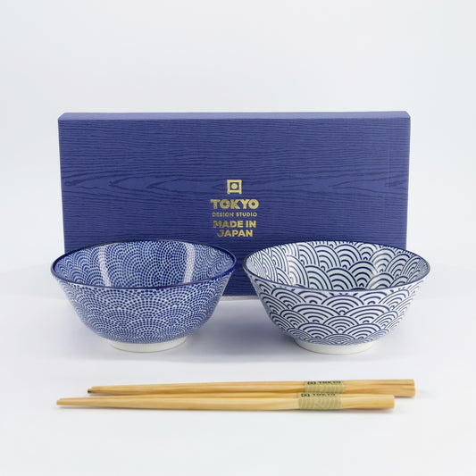 Nippon Blue Two Bowl Gift Set with Chopstick - Dots & Waves