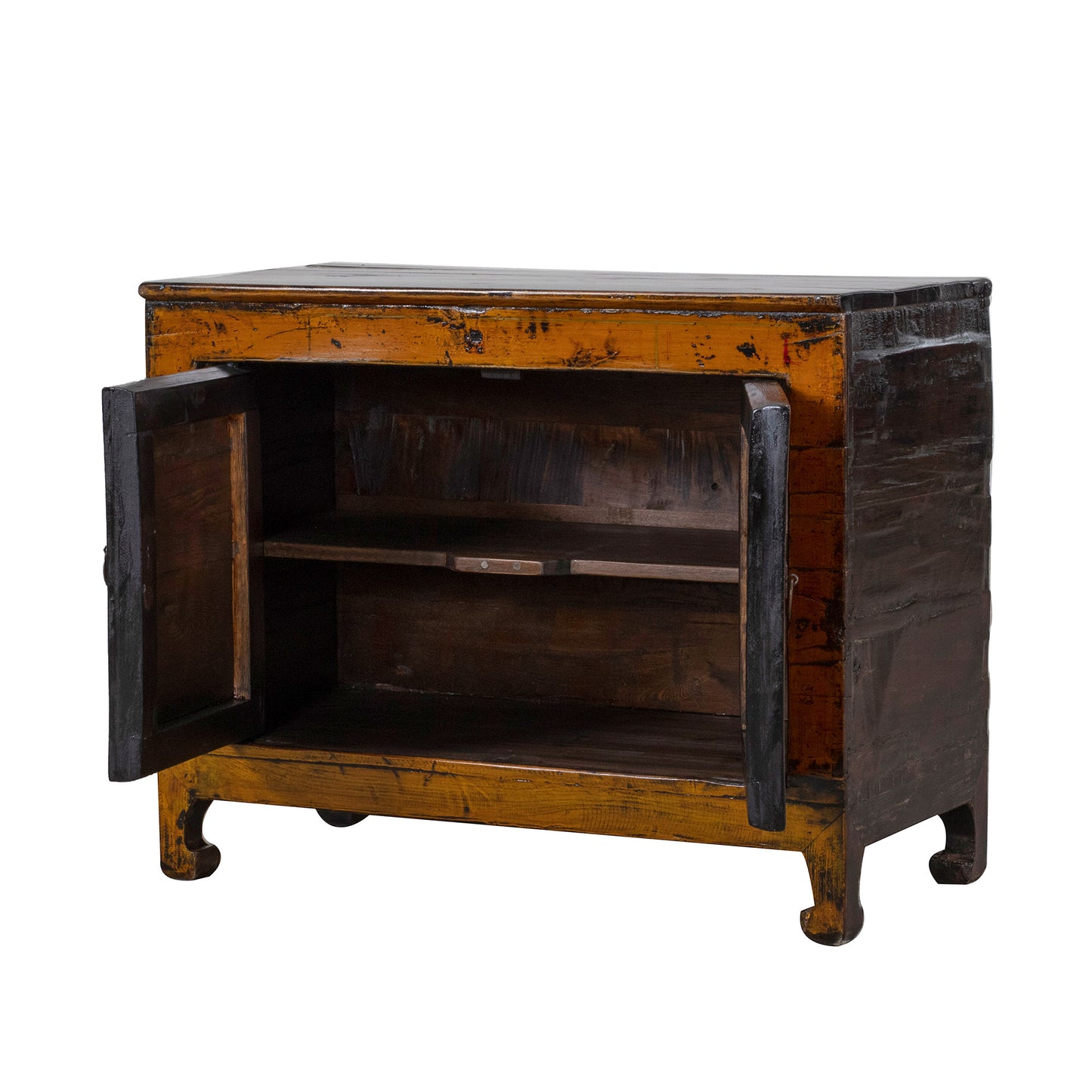 Vintage orange wooden cabinet with floral designs on a white background