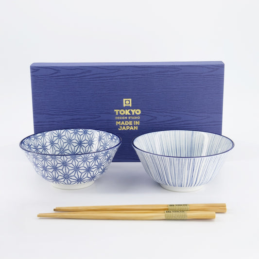 Nippon Blue Two Bowl Gift Set with Chopstick - Stars & Stripes