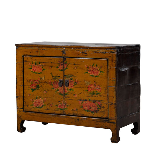 Vintage Chinese Small Hand Painted Cabinet in Orange 02 side