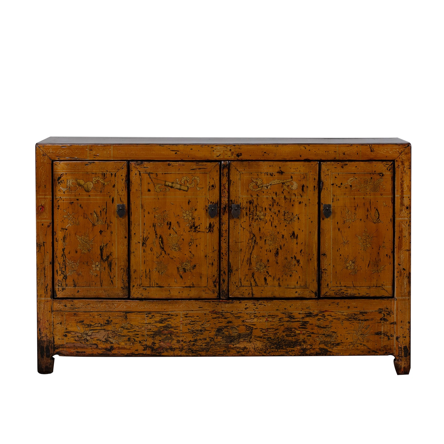 Vintage Chinese Hand Painted Orange Sideboard with Flowers