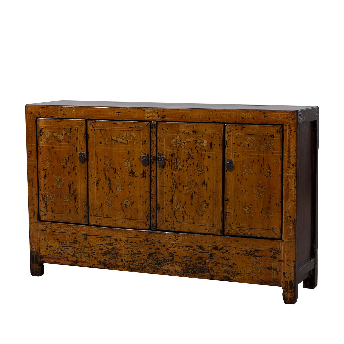 Vintage Chinese Hand Painted Orange Sideboard with Flowers